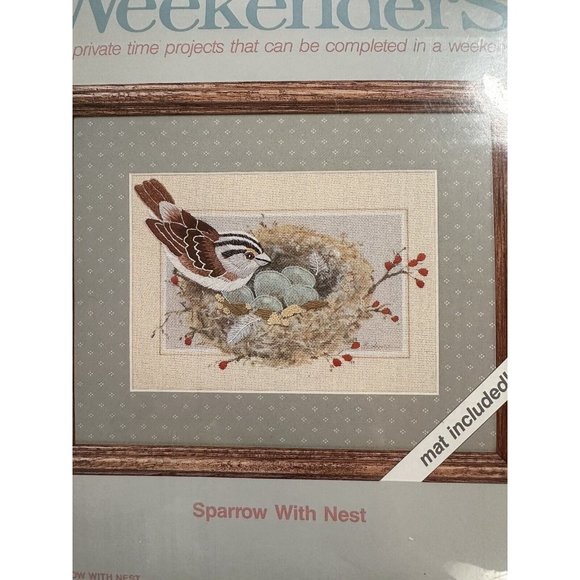 Vintage Weekenders Counted Cross Stitch Kit 5x7 Sparrow With Nest w/ Mat - Picture 2 of 3